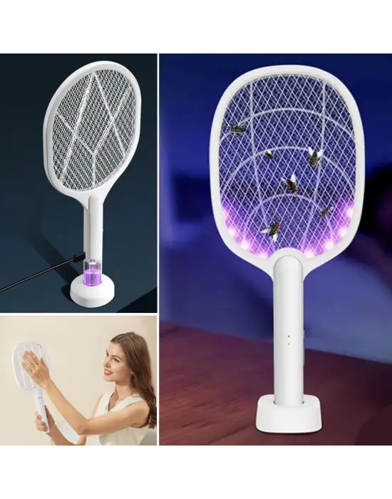 Omarı Mor Işık Şarjlı Sinek Kovucu Raket - Masaüstü Standlı 5w