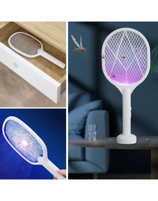 Omarı Mor Işık Şarjlı Sinek Kovucu Raket - Masaüstü Standlı 5w