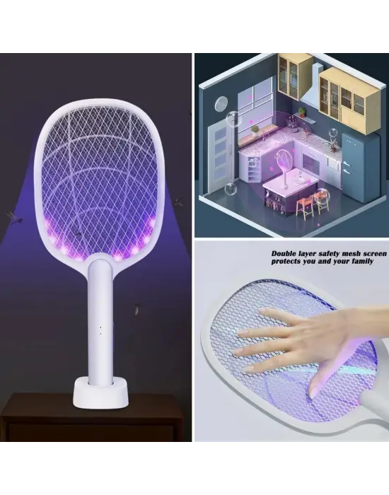 Omarı Mor Işık Şarjlı Sinek Kovucu Raket - Masaüstü Standlı 5w