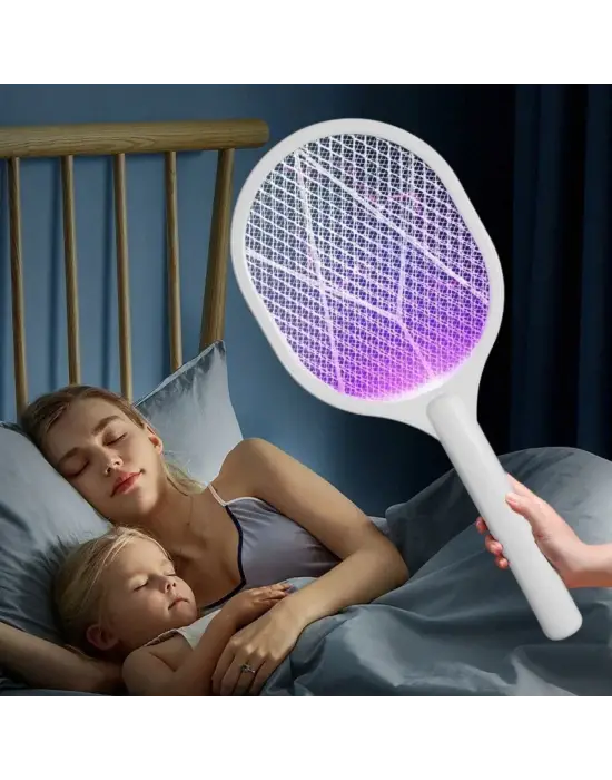 Omarı Mor Işık Şarjlı Sinek Kovucu Raket - Masaüstü Standlı 5w