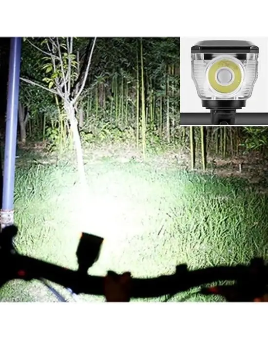 BUFFER® Solar Enerjili USB ile Şarj Edilebilir Ledli Bisiklet Feneri Kornalı ve Su Geçirmez Far