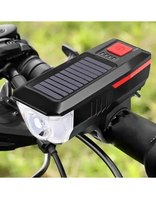 BUFFER® Solar Enerjili USB ile Şarj Edilebilir Ledli Bisiklet Feneri Kornalı ve Su Geçirmez Far