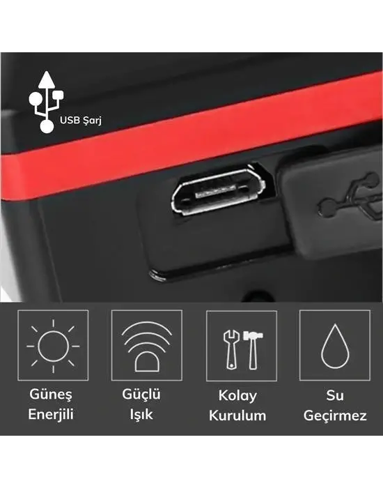 BUFFER® Solar Enerjili USB ile Şarj Edilebilir Ledli Bisiklet Feneri Kornalı ve Su Geçirmez Far