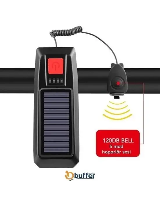 BUFFER® Solar Enerjili USB ile Şarj Edilebilir Ledli Bisiklet Feneri Kornalı ve Su Geçirmez Far