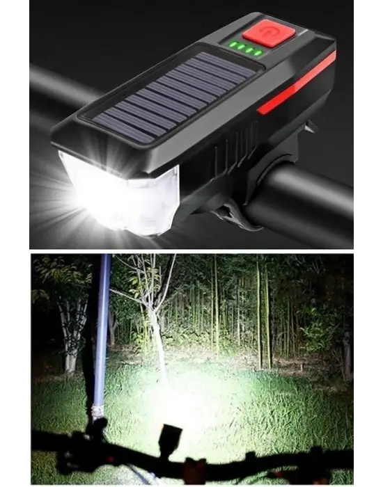 BUFFER® Solar Enerjili USB ile Şarj Edilebilir Ledli Bisiklet Feneri Kornalı ve Su Geçirmez Far