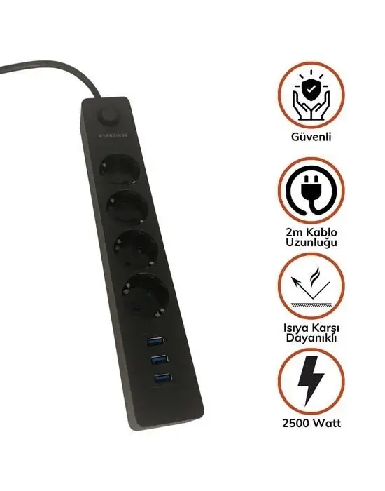 Omarı 4 Priz 3 USB Girişli Termak Akım Korumalı Uzatma Kablosu