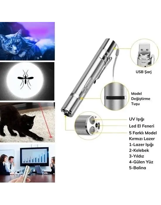 Omarı USB Şarj Edilebilen 3ü 1 Arada Kırmızı ve Beyaz LED Meşale Işığı
