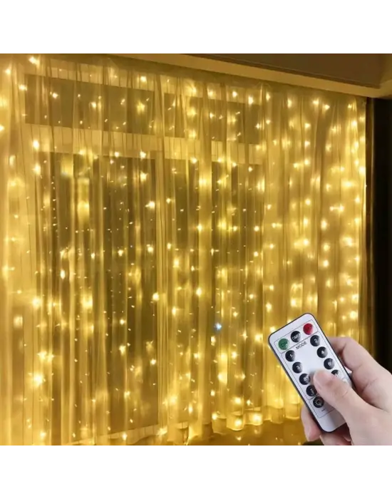Omarı Uzaktan Kumandalı Kancalı LED Perde Işığı - USB Şarjlı, 3x3 Metre