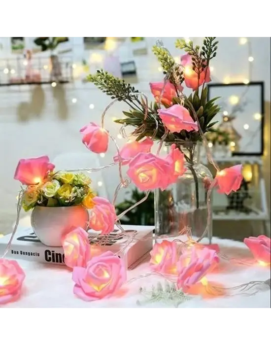BUFFER® Yapay Gül Tasarımlı Dekoratif Led Işık Gül Detaylı Led Işık Pilli (20 Gül)