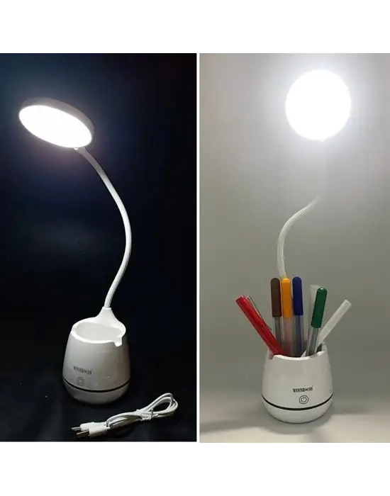 BUFFER®Kalemlikli Telefon Tutacaklı Şarjlı Dokunmatik 3 Mod Esnek Başlıklı Dimmerli LED Masa Lambası