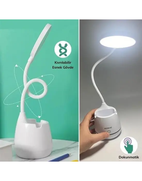 BUFFER®Kalemlikli Telefon Tutacaklı Şarjlı Dokunmatik 3 Mod Esnek Başlıklı Dimmerli LED Masa Lambası