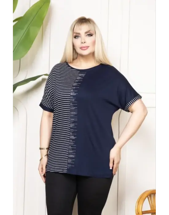Büyük Beden Taş Detaylı Çizgili Viskon Tişört Bisiklet Yaka Rahat Kesim - Lacivert