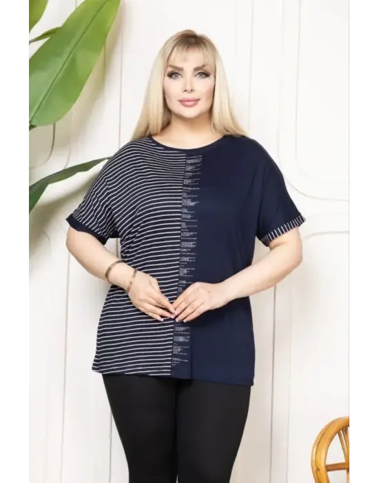 Büyük Beden Taş Detaylı Çizgili Viskon Tişört Bisiklet Yaka Rahat Kesim - Lacivert