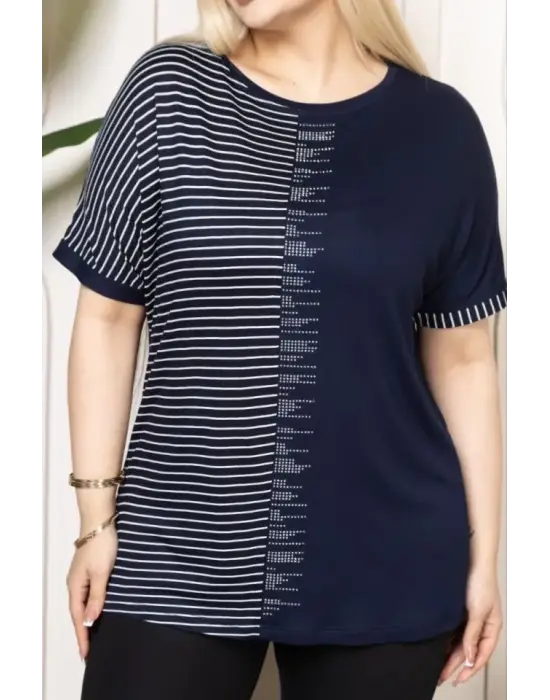 Büyük Beden Taş Detaylı Çizgili Viskon Tişört Bisiklet Yaka Rahat Kesim - Lacivert