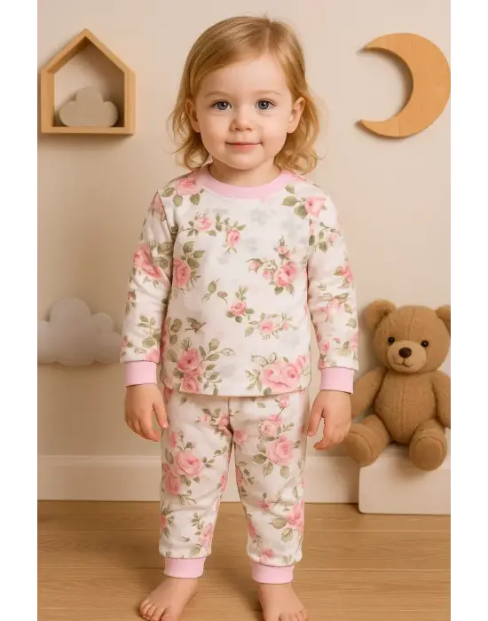 Büyük Çiçek Desenli Kız Bebek Eşofman Takımı %100 Pamuk