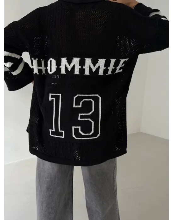 Omarı Salaş Triko Hırka Siyah Beyaz Desenli