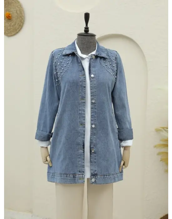 Omarı Taş Detaylı Düğmeli Cepli Kot Ceket - Buz Mavi