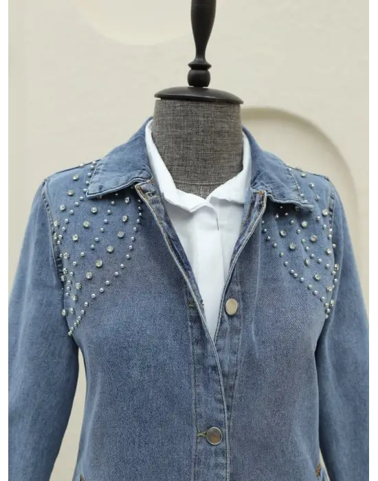 Büyük Taş Detaylı Düğmeli Cepli Kot Ceket -Buz Mavi