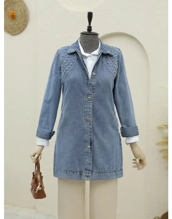 Omarı Taş Detaylı Düğmeli Cepli Kot Ceket - Buz Mavi