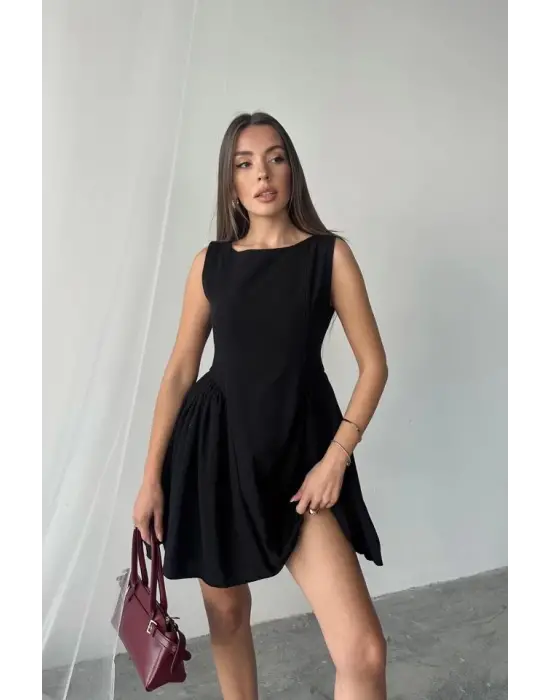 Omarı Zarif Siyah Keten Elbise