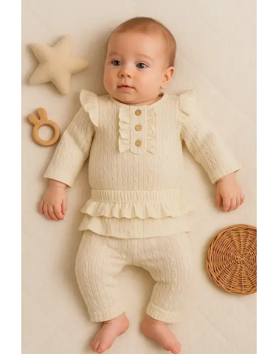 Büzgü Detaylı Fırfırlı % 100 Pamuk 2li Kız Bebek Takımı