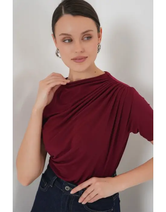 Büzgü Detaylı Kısa Kol Sandy Bluz 945 - Bordo