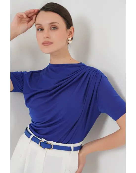 Büzgü Detaylı Kısa Kol Sandy Bluz 945 - Saks