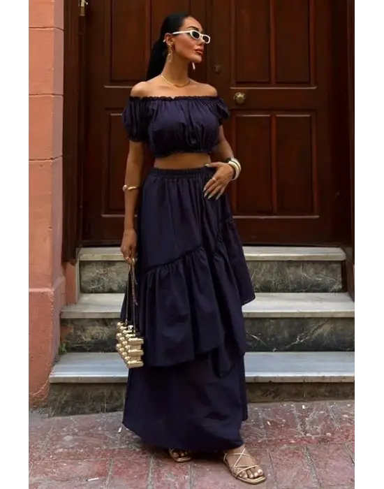 Büzgülü Crop Kat Detaylı Fırfır Etekli Takım 10196