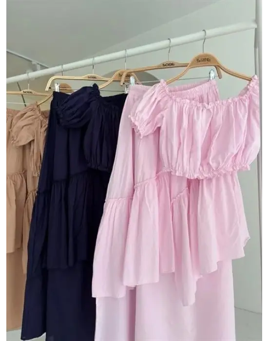 Büzgülü Crop Kat Detaylı Fırfır Etekli Takım 10196