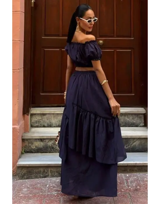 Büzgülü Crop Kat Detaylı Fırfır Etekli Takım 10196