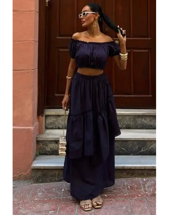 Büzgülü Crop Kat Detaylı Fırfır Etekli Takım 10196