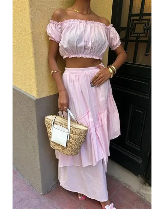 Büzgülü Crop Kat Detaylı Fırfır Etekli Takım 10196