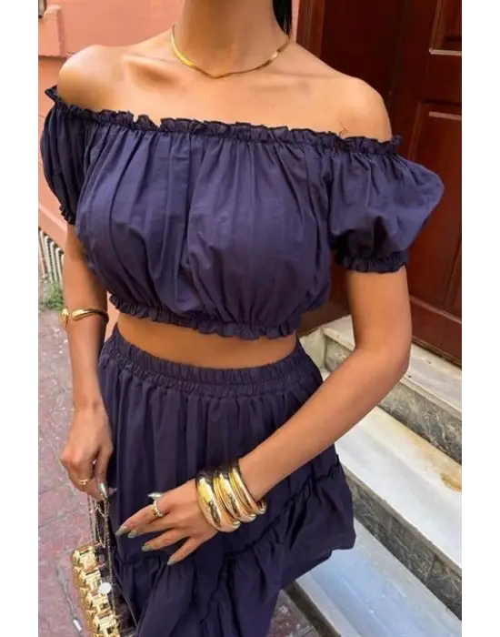 Büzgülü Crop Kat Detaylı Fırfır Etekli Takım 10196