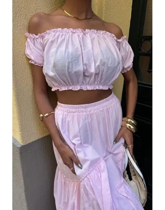 Büzgülü Crop Kat Detaylı Fırfır Etekli Takım 10196