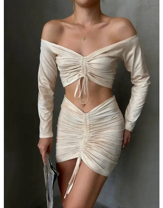 Büzgülü etek bluz takım bej s24709