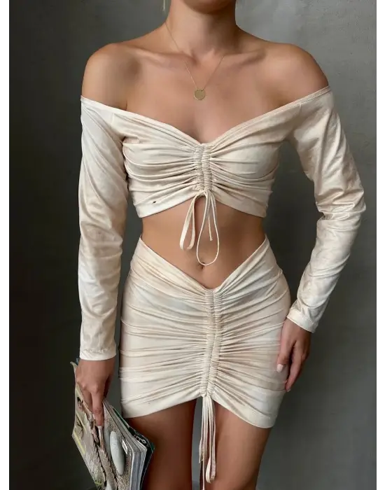 Büzgülü etek bluz takım bej s24709