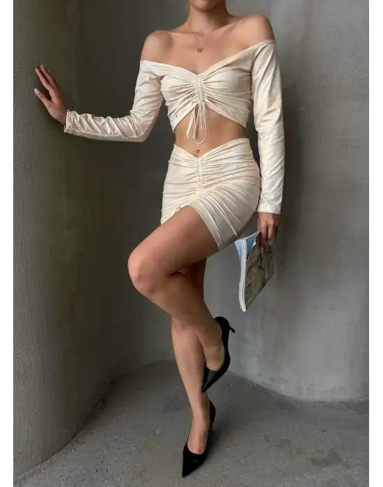 Büzgülü etek bluz takım bej s24709