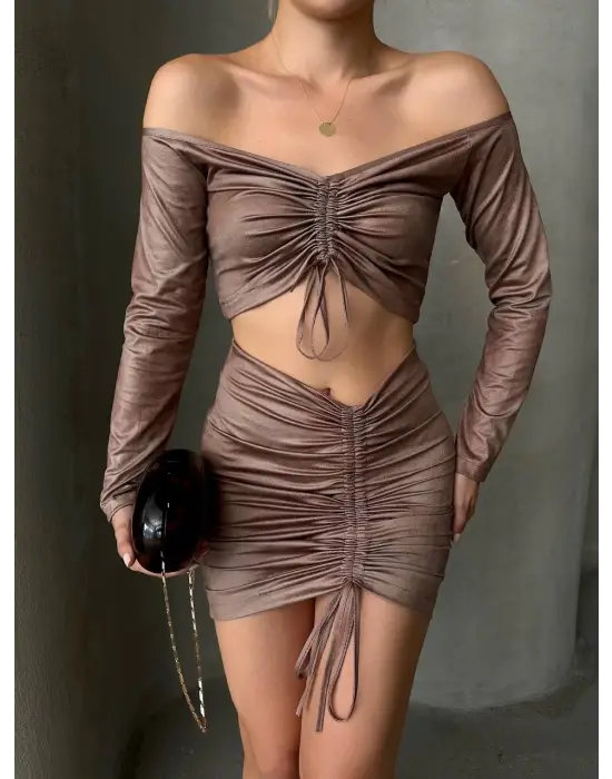 Büzgülü etek bluz takım kahve s24709