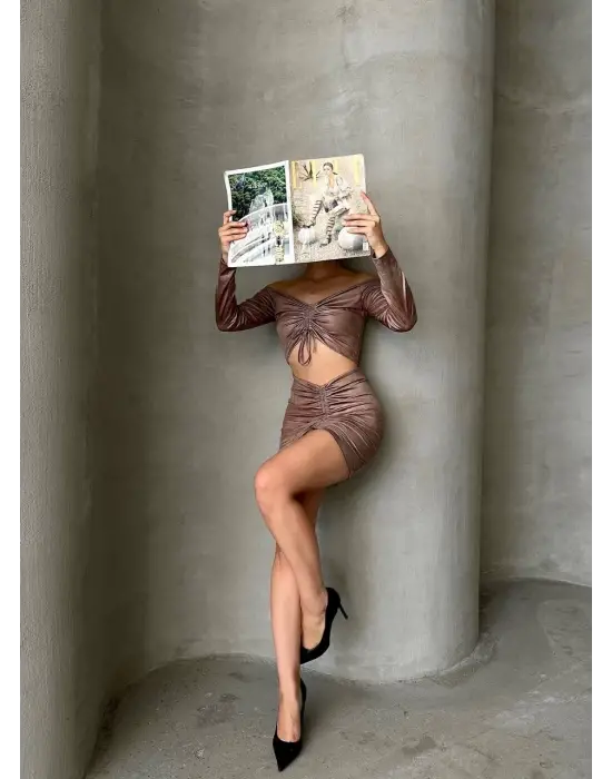 Büzgülü etek bluz takım kahve s24709