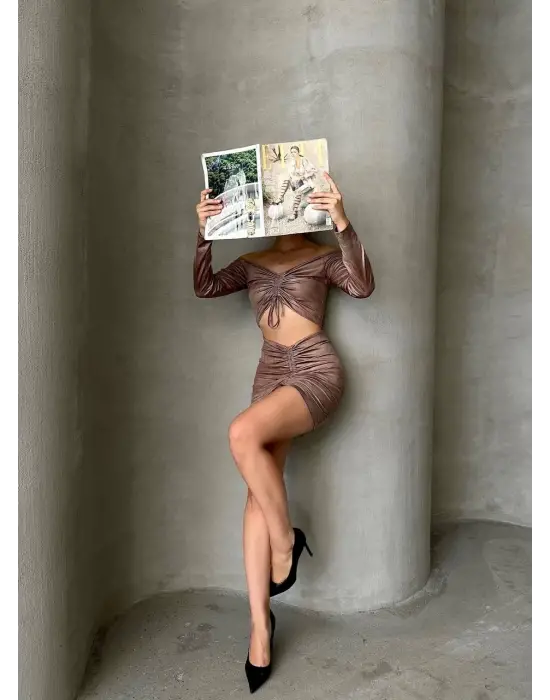 Büzgülü etek bluz takım kahve s24709