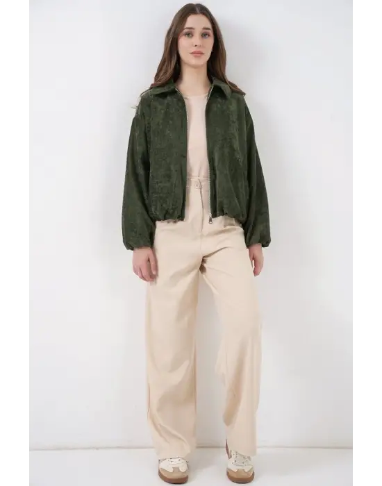 Büzgülü Oversize Kadife Ceket 0733 - Haki