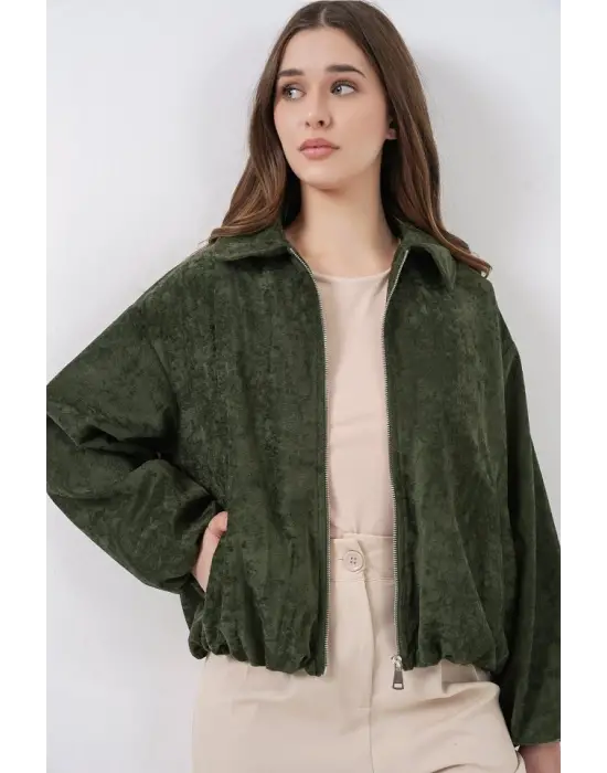 Büzgülü Oversize Kadife Ceket 0733 - Haki
