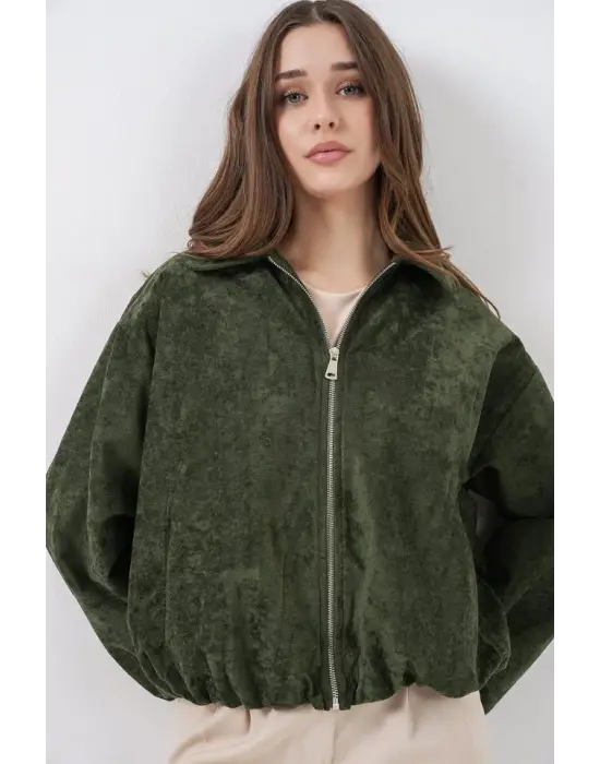 Büzgülü Oversize Kadife Ceket 0733 - Haki