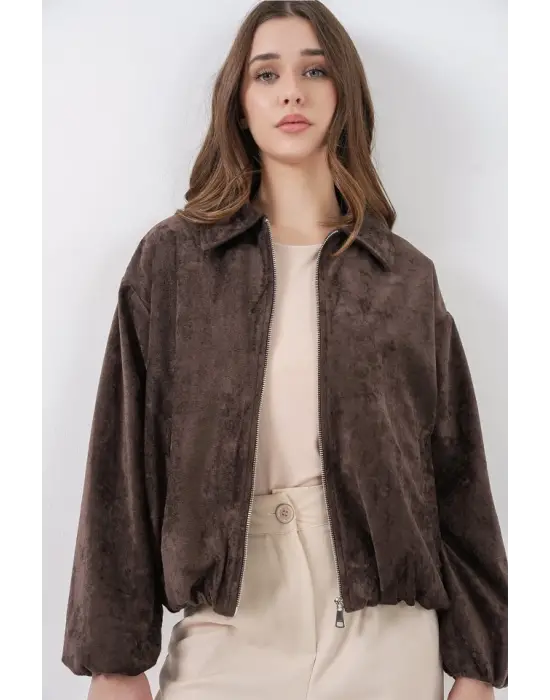 Büzgülü Oversize Kadife Ceket 0733 - Kahverengi