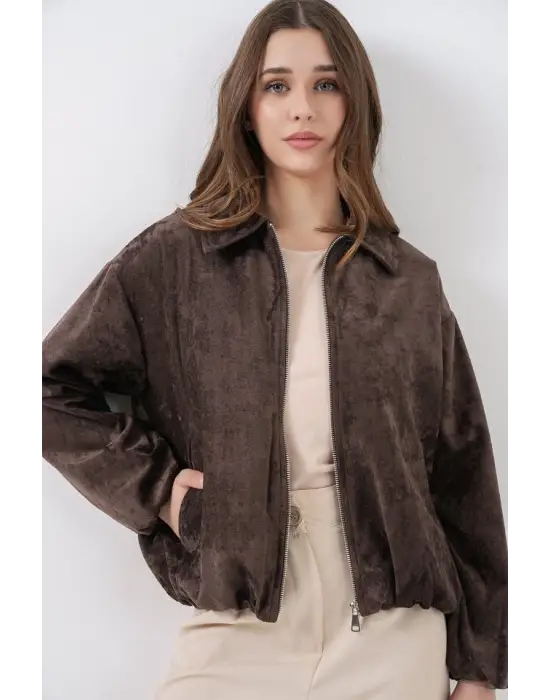 Büzgülü Oversize Kadife Ceket 0733 - Kahverengi
