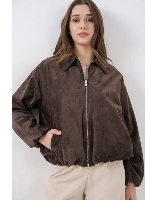 Büzgülü Oversize Kadife Ceket 0733 - Kahverengi