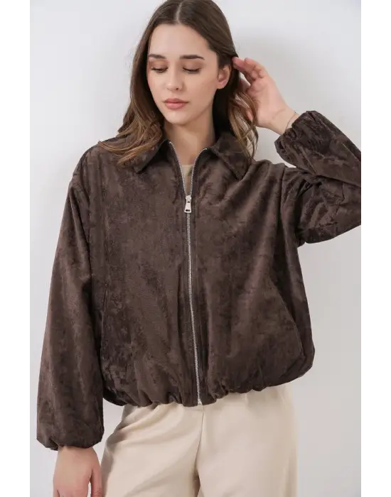 Büzgülü Oversize Kadife Ceket 0733 - Kahverengi