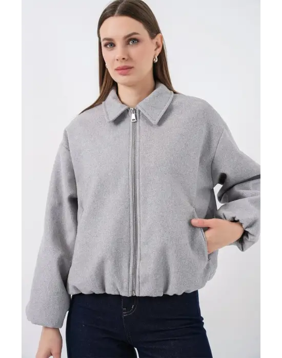 Büzgülü Oversize Kaşe Ceket 0728 - A.Gri