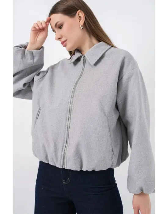 Büzgülü Oversize Kaşe Ceket 0728 - A.Gri