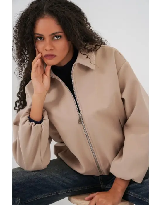 Büzgülü Oversize Kaşe Ceket 0728 - Bej